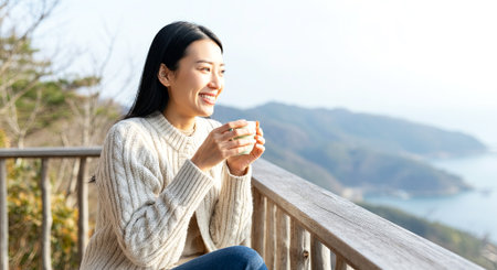 Female enjoying warm drink on wooden balcony, smiling with scenic mountain and ocean view, creating a peaceful atmosphere of relaxation and contentment, AI generatedの素材