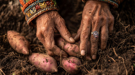 Elderly womans hands, wearing colorful traditional attire, are carefully gathering sweet potatoes from fertile soil, highlighting the beauty of agricultural practices and heritage, AI generatedの素材
