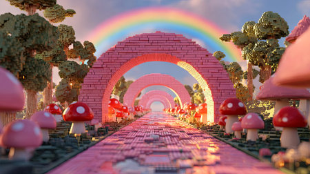 Whimsical landscape with pink brick arches, colorful mushrooms, and lush trees under a rainbow, creating a magical and enchanting environment for creativity, AI generatedの素材