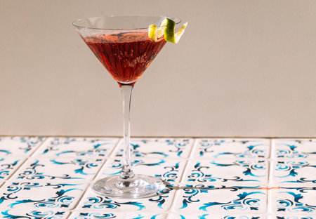 Close-up of a martini glass on a table with patterned tiles. An elegant goblet with an alcoholic...