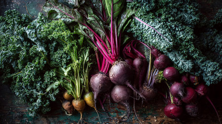 Organic vegetables like kale, beets, and radishes are artistically arranged on a rustic wooden surface, highlighting their vibrant colors and natural textures, AI generatedの素材