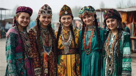 Five young women in vibrant traditional clothing are smiling and posing together outdoors, highlighting cultural diversity and rich heritage through their attire, AI generatedの素材