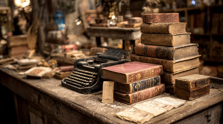 Antique typewriter with stacked vintage books on a weathered wooden table, surrounded by various collectibles, evoking a sense of nostalgia and history, AI generatedの素材
