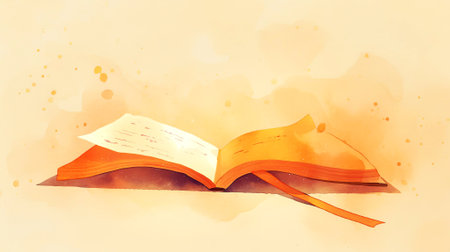 Vibrant orange-covered book lies open on a soft gradient background, inviting readers to explore its pages and enjoy a tranquil reading experience, AI generatedの素材