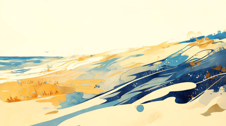 Watercolor illustration showcases a peaceful coastal scene with soft waves and sandy textures, blending blue and yellow tones, creating a calming atmosphere, AI generatedの素材