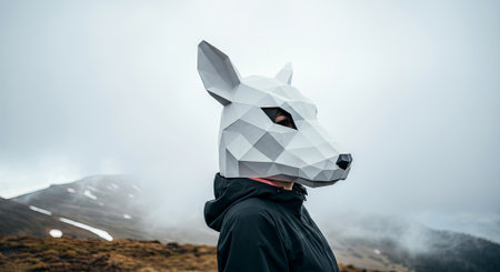 Person with a polygonal animal mask poses in a foggy environment, highlighting the contrast between art and nature in a captivating outdoor scene, AI generatedの素材