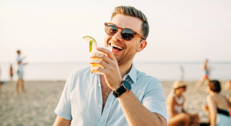 Male enjoying a cocktail on the beach, wearing sunglasses and a light shirt, surrounded by friends, embodying a carefree summer atmosphere and happiness, AI generatedの素材