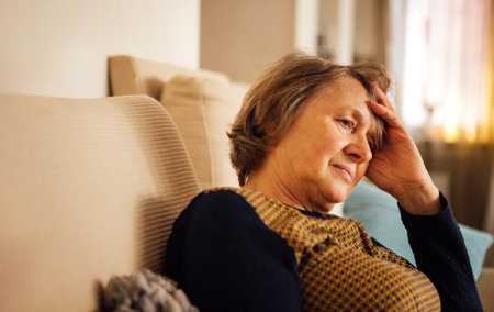 Close-up of an elderly woman suffering from a headache. The mature lady has closed her eyesの写真素材