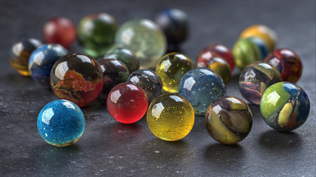 A collection of colorful glass marbles is scattered on a dark surface, displaying unique patterns and textures, evoking a sense of nostalgia and creativity, AI generatedの素材