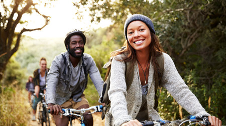 Diverse group of cyclists riding along a scenic trail surrounded by greenery, capturing the essence of adventure and friendship in a beautiful outdoor setting, AI generatedの素材