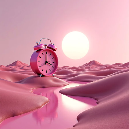 Surreal landscape showcases a large alarm clock next to a reflective stream, with soft pink hills and a glowing sun, creating a dreamlike atmosphere, AI generatedの素材