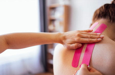 Female therapist is carefully applying pink kinesiology tape on the back of a client in a bright therapy room, highlighting wellness and rehabilitation techniquesの写真素材