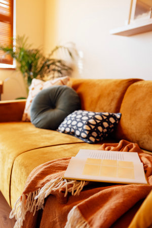 A stylish sofa made of soft orange fabric with contrasting pillows and a plaid. Close-up of an open book on the couch. A warm and cozy atmosphere at home. Lovely interior detailsの写真素材