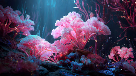 Underwater landscape with vivid coral formations glowing softly, creating a serene atmosphere, highlighting the diversity and beauty of marine ecosystems,  AI generatedの素材