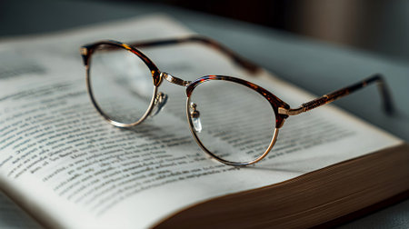 Elegant eyeglasses placed on an open book with blurred text, creating a warm reading ambiance that encourages relaxation and intellectual exploration, AI generatedの素材