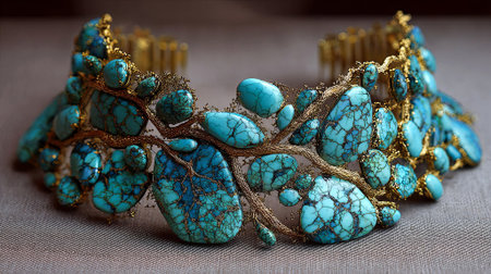 Stunning turquoise necklace features natural stones and gold accents, beautifully crafted to resemble organic forms, ideal for fashion statements and special occasions, AI generatedの素材