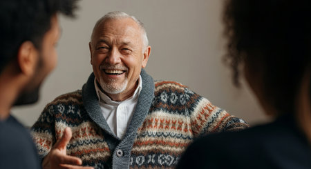 Senior man in a cozy patterned sweater, sharing a joyful moment with two individuals, fostering a sense of community and warmth in a relaxed setting, AI generatedの素材