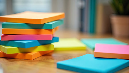 Vibrant sticky notes in various colors are stacked on a wooden desk, enhancing the workspace with a cheerful and organized ambiance, AI generatedの素材
