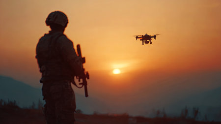 Military personnel in tactical attire stands with weapon, watching drone against vibrant sunset, illustrating advanced technology in defense and surveillance, AI generatedの素材