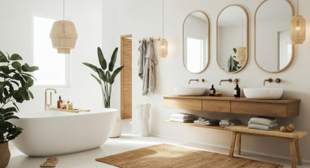 Contemporary bathroom design showcases a freestanding tub, dual sinks, wooden vanity, and decorative plants, offering a tranquil and stylish environment for self-care, AI generatedの素材