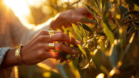 Woman hand with gold rings is delicately harvesting olives from an olive tree, bathed in warm sunlight, highlighting the connection between nature and artistry, AI generatedの素材