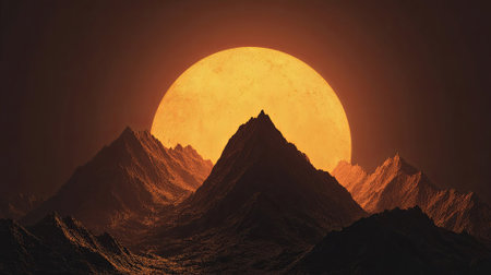 Stunning mountain scenery with a large orange sun setting behind jagged peaks, casting warm light across the landscape, evoking a sense of peace and beauty, AI generatedの素材