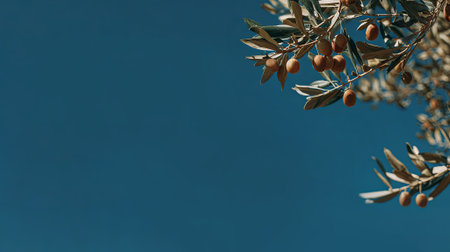Olive branch adorned with ripe olives set against a bright blue sky, highlighting lush green foliage and the essence of nature's bounty, AI generatedの素材