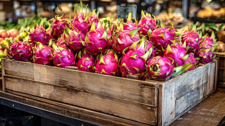Colorful dragon fruit arranged in a wooden crate, surrounded by various fresh produce in a lively market, highlighting the appeal of healthy food choices, AI generatedの素材