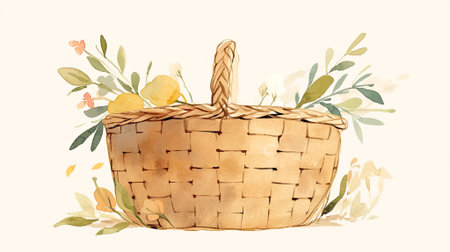 A beautifully woven basket holds ripe lemons, surrounded by lush green leaves and soft flowers, creating a vibrant and inviting still life scene, AI generatedの素材
