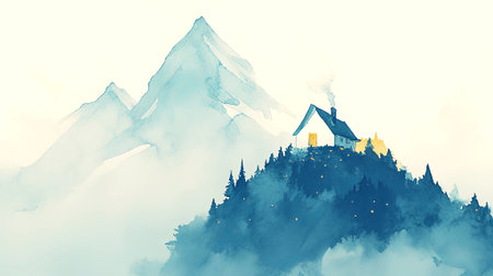 Watercolor illustration depicts a tranquil mountain scene with a charming house among trees, enveloped in mist, showcasing the beauty of nature and peaceful ambiance, AI generatedの素材