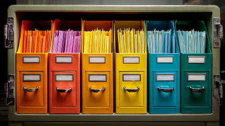 Vibrant file organizer displays colorful folders in drawers, creating an organized workspace that emphasizes efficiency and document management for professional environments, AI generatedの素材