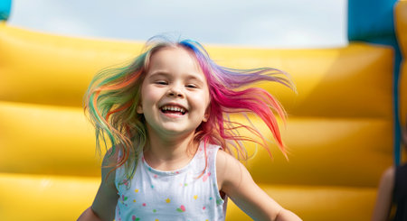 Child with vibrant hair is happily jumping on a bouncy castle, with bright yellow walls creating a cheerful atmosphere, embodying the joy of playtime, AI generatedの素材