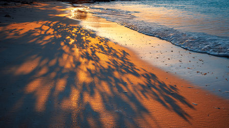 Sunlight creates beautiful shadows on wet sand at the beach, with gentle waves softly touching the shore, evoking a peaceful and calming environment, AI generatedの素材