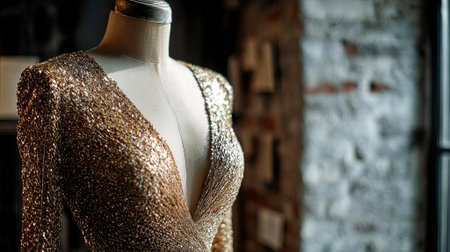 Stunning evening gown adorned with sequins is elegantly showcased on a mannequin, highlighting its luxurious fabric and intricate design in a chic boutique atmosphere, AI generatedの素材
