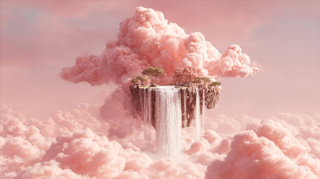 Dreamlike floating island features vibrant greenery and a beautiful waterfall, surrounded by soft pink clouds, evoking a sense of peace and imagination, AI generatedの素材