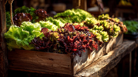 Vibrant green and red lettuce varieties arranged in wooden crates, illuminated by warm sunlight, creating a fresh and inviting atmosphere in a market environment, AI generatedの素材