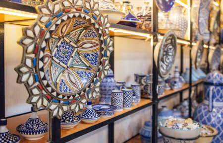 Beautiful ceramic plates and pottery are arranged on shelves, featuring detailed designs and vivid colors, creating an inviting artisan atmosphereの写真素材