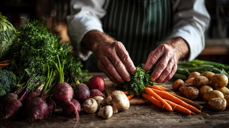 Elderly man is skillfully arranging fresh vegetables on a rustic wooden table, surrounded by vibrant produce, highlighting dedication to healthy cooking and culinary artistry, AI generatedの素材