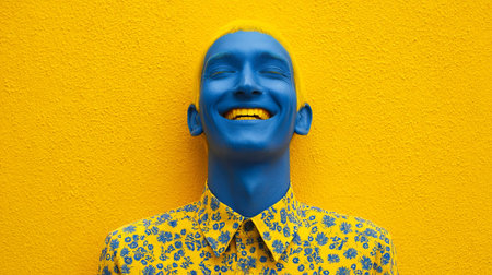 Individual with blue face paint and yellow floral shirt smiles against a vivid yellow wall, highlighting artistic creativity and vibrant fashion choices, AI generatedの素材