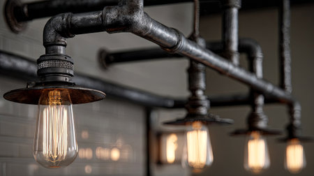 Unique industrial lighting design showcases exposed bulbs and metal piping, enhancing the modern interior with warm light and artistic flair, perfect for contemporary settings, AI generatedの素材