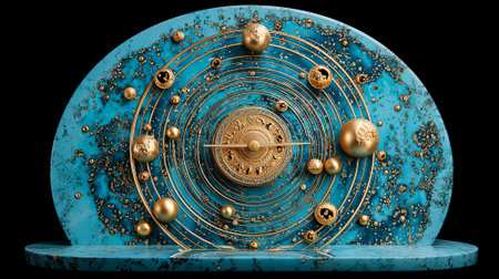 Stunning decorative clock golden features accents and a vibrant turquoise backdrop, embodying a celestial design with planets and spirals, ideal for artistic spaces, AI generatedの素材