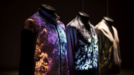 Display of three illuminated jackets with dynamic light patterns, highlighting innovative textile technology and modern fashion design in a sleek, contemporary environment, AI generatedの素材