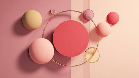 Colorful geometric shapes, including spheres and circles, are artistically arranged on a soft pink and peach background, showcasing modern design and aesthetic appeal, AI generatedの素材