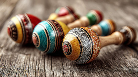 Vibrant wooden maracas with detailed patterns are placed on a weathered wooden surface, highlighting their artistic craftsmanship and inviting musical exploration, AI generatedの素材
