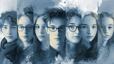 Diverse group of young individuals with distinct hairstyles and expressions, captured in an artistic portrait style featuring soft blue tones and textures that enhance their unique personalities, AI generatedの素材