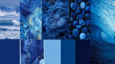 AI generated. A vibrant collection of blue textures, including ocean waves, rocky surfaces, and abstract patterns, highlighting the beauty and diversity of blue in nature and design, AI generatedの素材