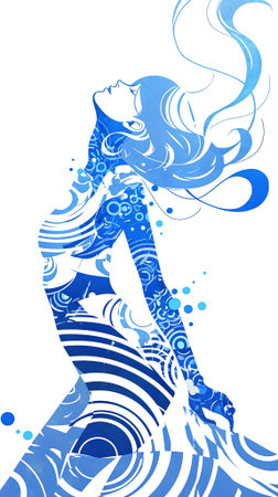 Artistic representation of a woman surrounded by swirling blue waves, showcasing elegance and fluidity, with circular patterns creating a dynamic visual experience, AI generatedの素材
