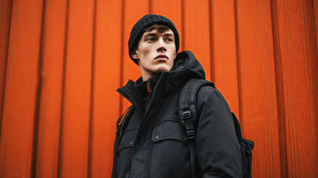 Male model dressed in stylish black outerwear poses against bright orange backdrop, highlighting urban fashion trends and contemporary style elements in a dynamic environment, AI generatedの素材