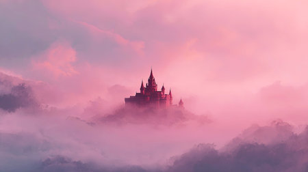 Enchanting castle emerges from pink clouds at dawn, surrounded by mist, creating a magical scene that inspires imagination and wonder in viewers, AI generatedの素材