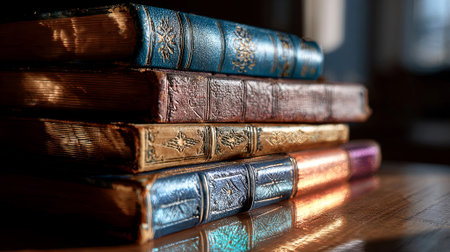 Stacked vintage books with leather covers on wooden surface, displaying detailed textures and colors, illuminated by gentle light, evoking a sense of nostalgia and warmth, AI generatedの素材
